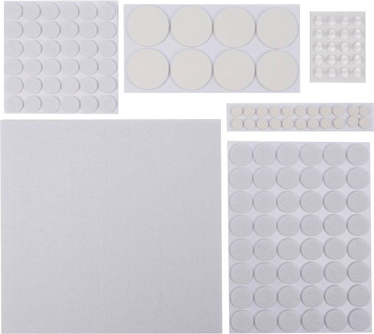 Różne okrągłe, samoprzylepne podkładki filcowe i gumowe w różnych rozmiarach i kolorach, ułożone na białym tle.