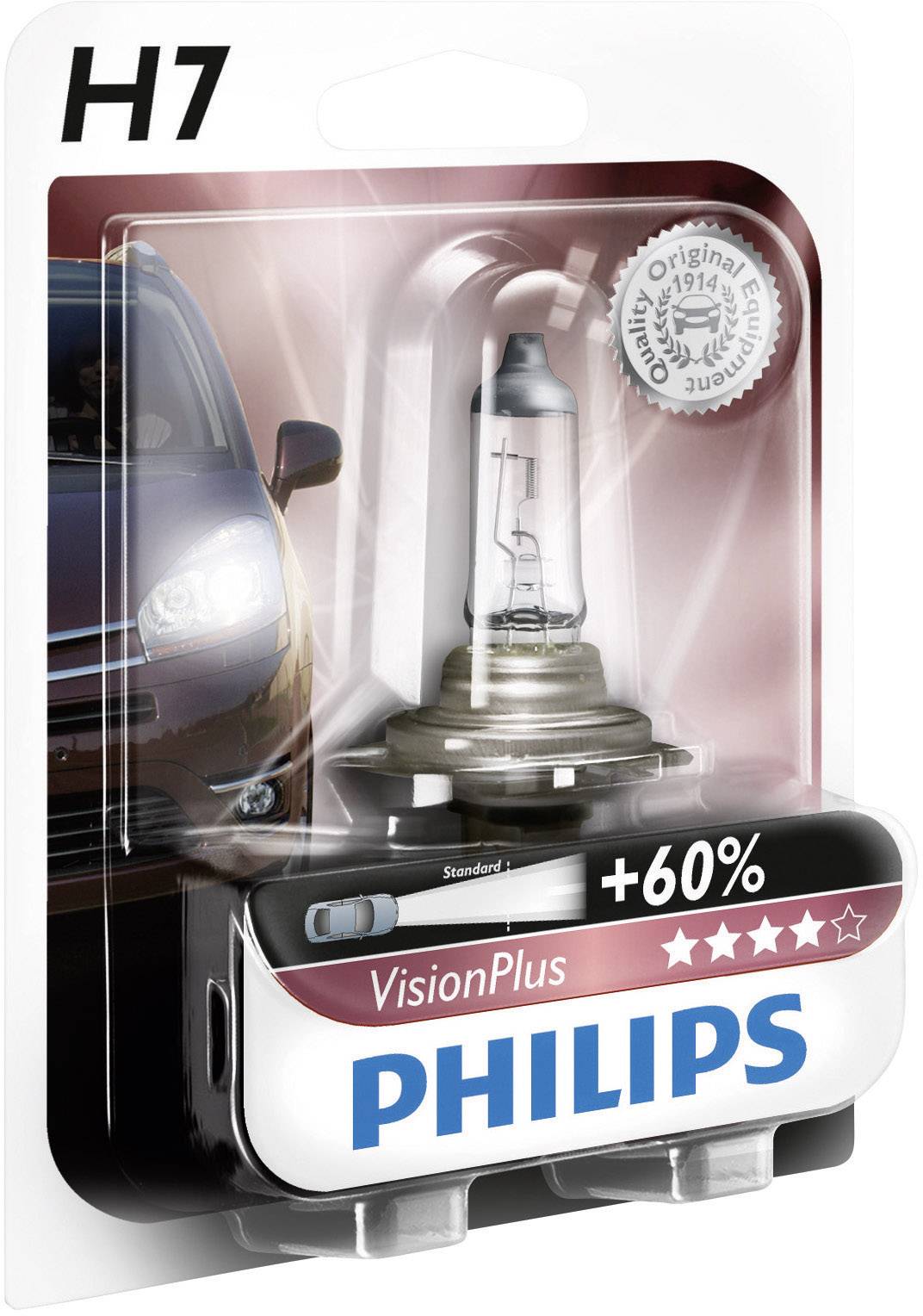 Lampa halogenowa Philips H7 VisionPlus w opakowaniu, reklamowana hasłami 'Oryginalna jakość' i '60% więcej widoczności'. Po lewej stronie obraz pojazdu.