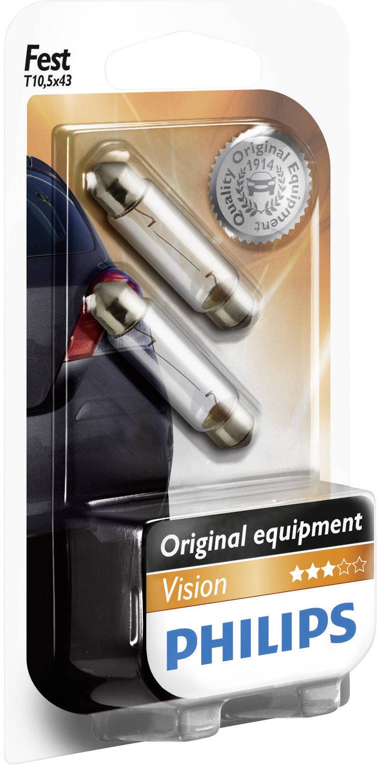 Oryginalne lampy samochodowe Philips Vision w opakowaniu zawierającym dwie żarówki z nadrukiem 'T10,5x43 Fest'.