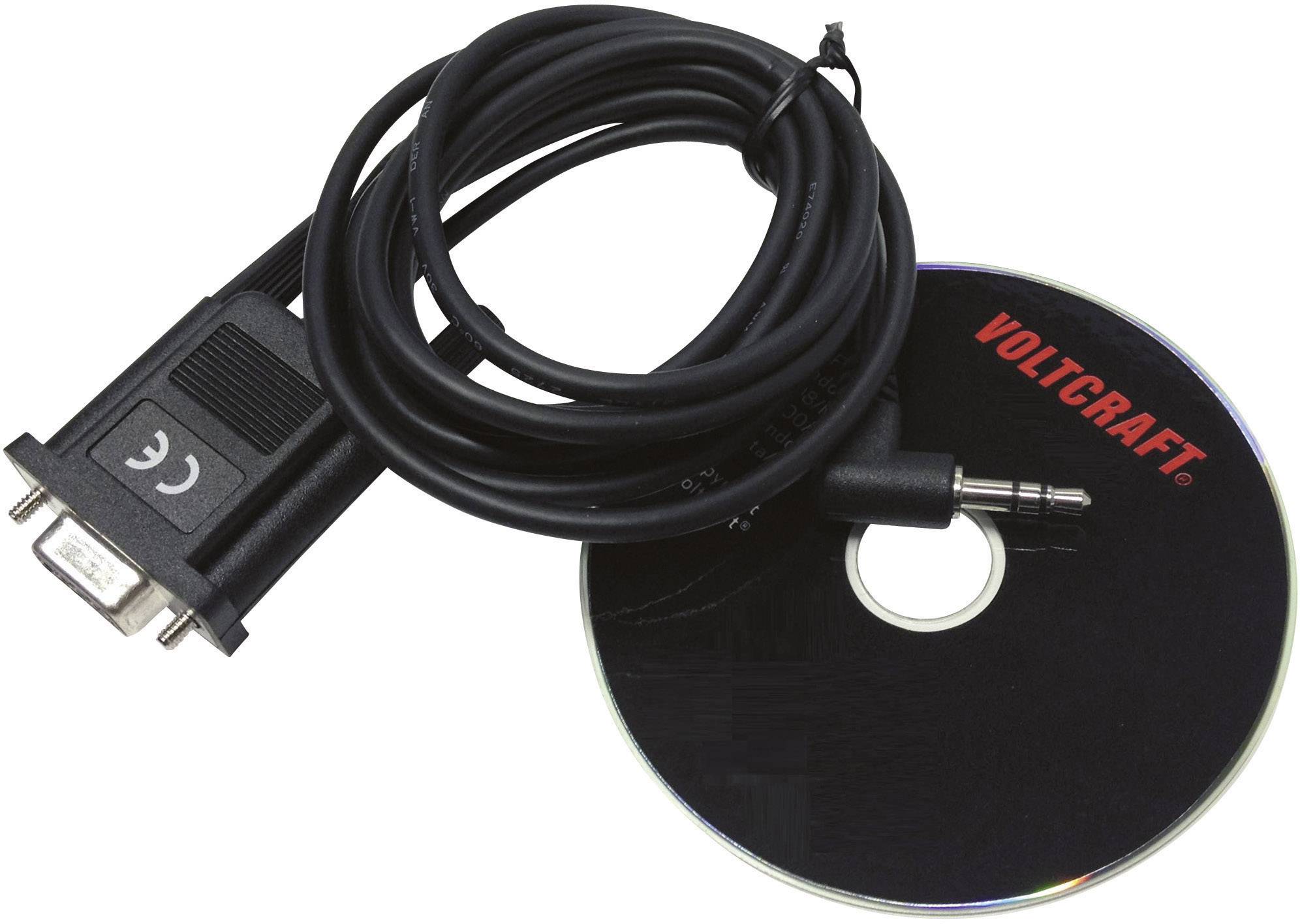 Serowy kabel połączeniowy z wtyczką RS-232 oraz płyta CD-ROM z napisem 'VOLTCRAFT'.