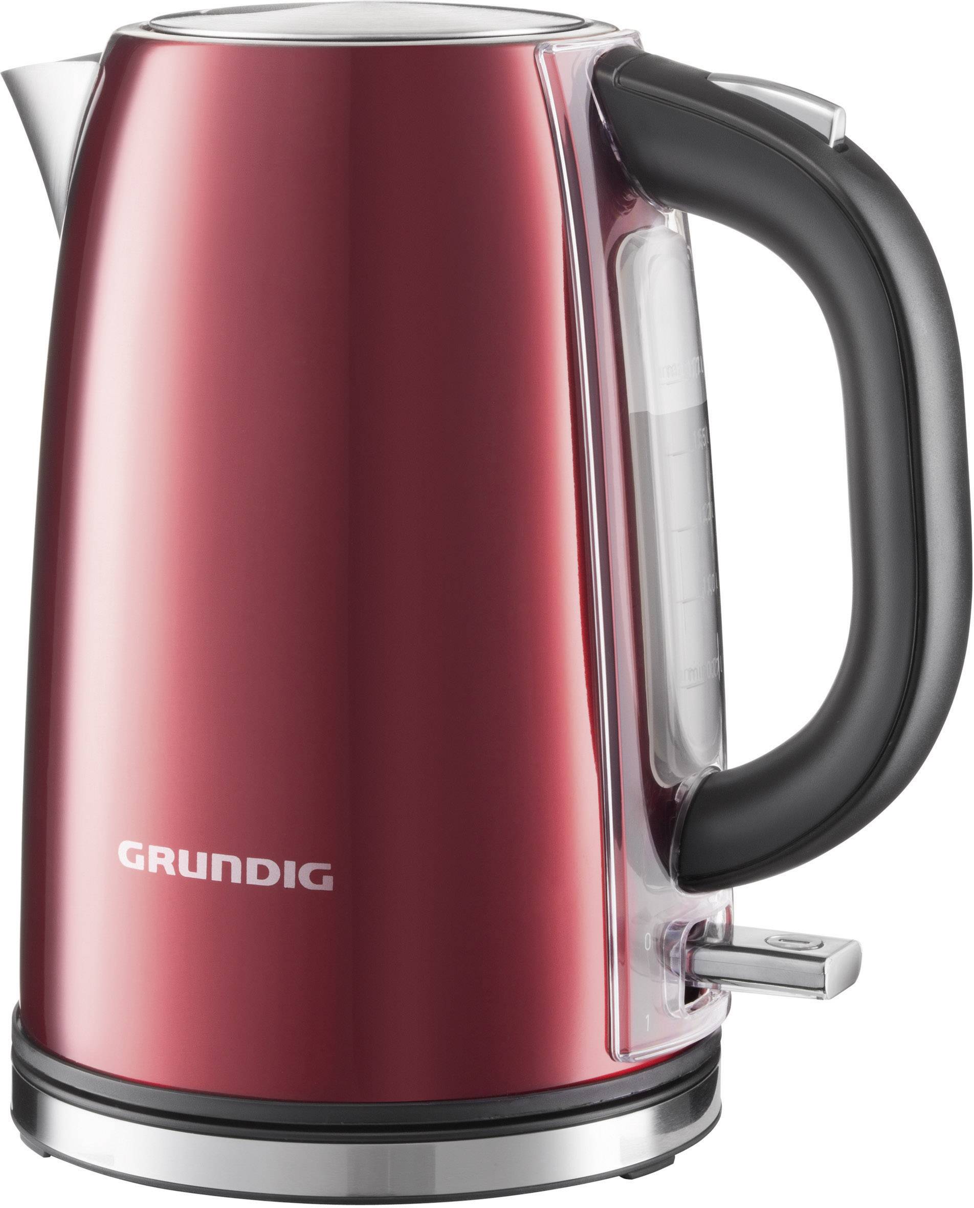 Czerwony czajnik elektryczny marki Grundig z czarną rączką. Włącznik/wyłącznik umieszczony obok uchwytu.
