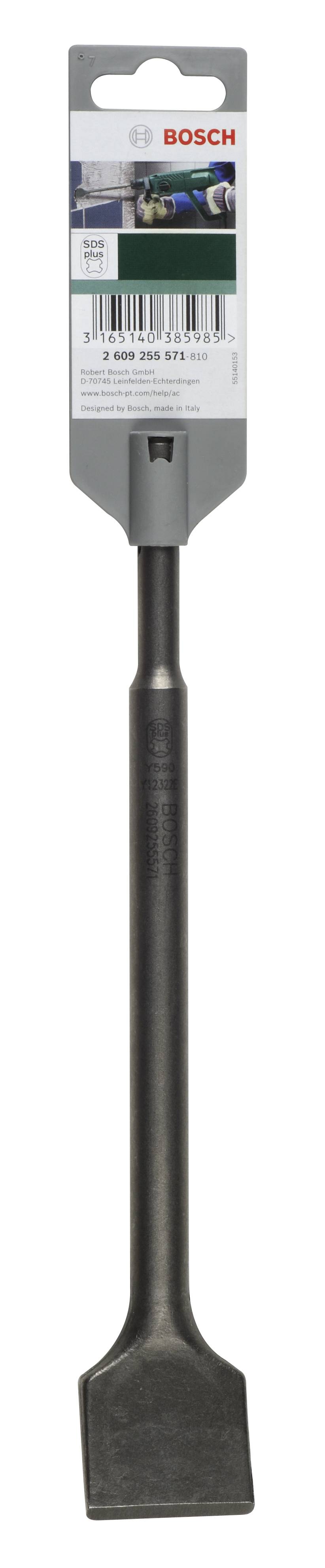 Dłuto płaskie Bosch, odpowiednie do prac na betonie. Opakowanie prezentuje logo producenta oraz przykłady zastosowań.