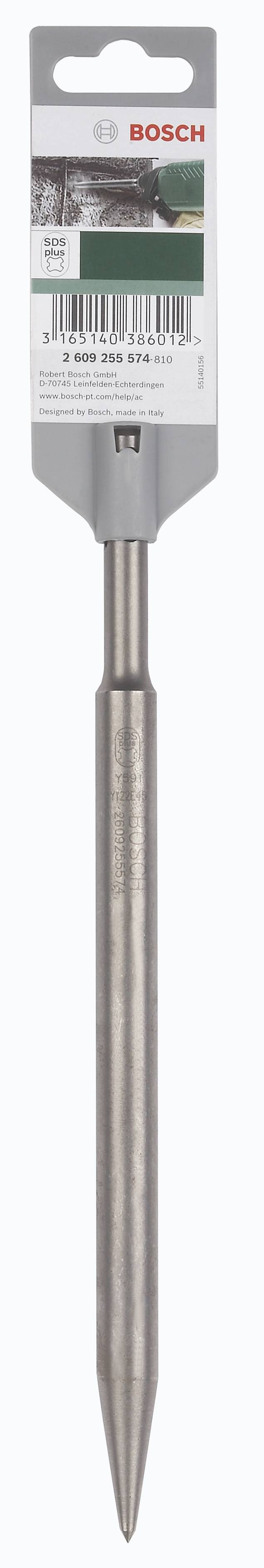 Dłuto wiertnicze Bosch w szarym opakowaniu z nadrukiem i kodem kreskowym. Odpowiednie do prac betonowych.