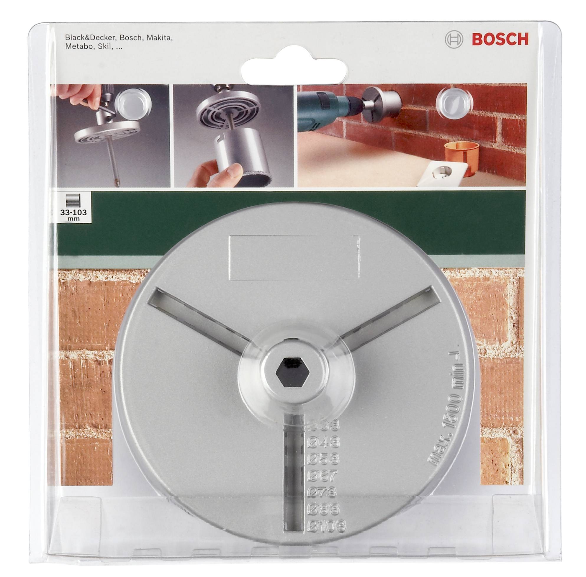 Opakowanie do piły otworowej Bosch, prezentujące zastosowania: wiercenie otworów w powierzchniach, instalacja gniazdek elektrycznych. Marki: Black&Decker, Bosch, Makita.
