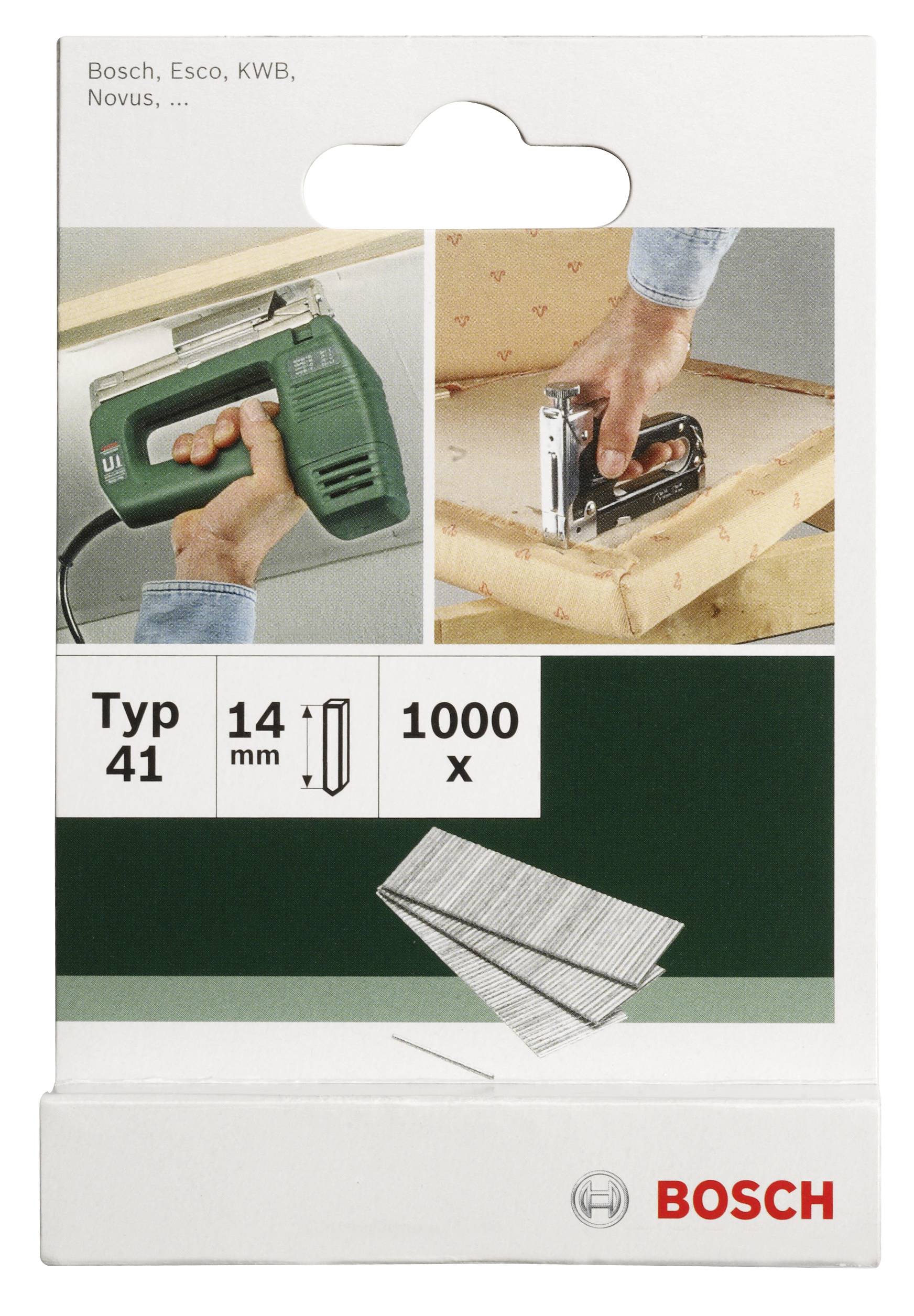 Opakowanie zszywek Bosch, typ 41, 14 mm, 1000 sztuk, z ilustracjami rzemieślników używających pistoletu zszywającego.