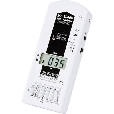Elektromagnetyczny miernik z wyświetlaczem wskazującym '0,35 V/m' na białej obudowie. Oznaczenie firmy Gigahertz Solutions.