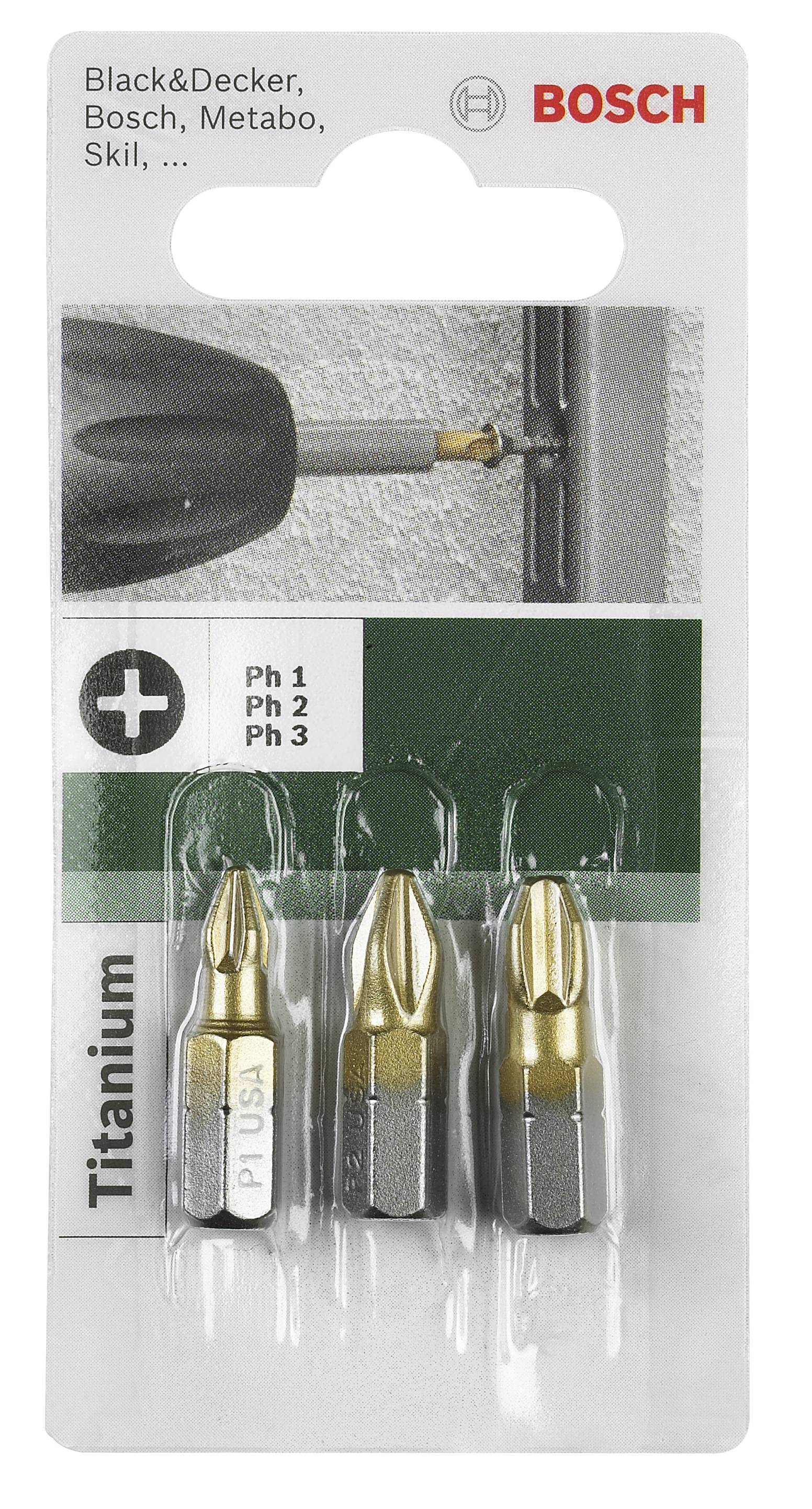 'Trzy złote końcówki wkrętakowe do różnych typów śrub w opakowaniu blistrowym, w prawym górnym rogu logo Bosch, poniżej lista marek.'