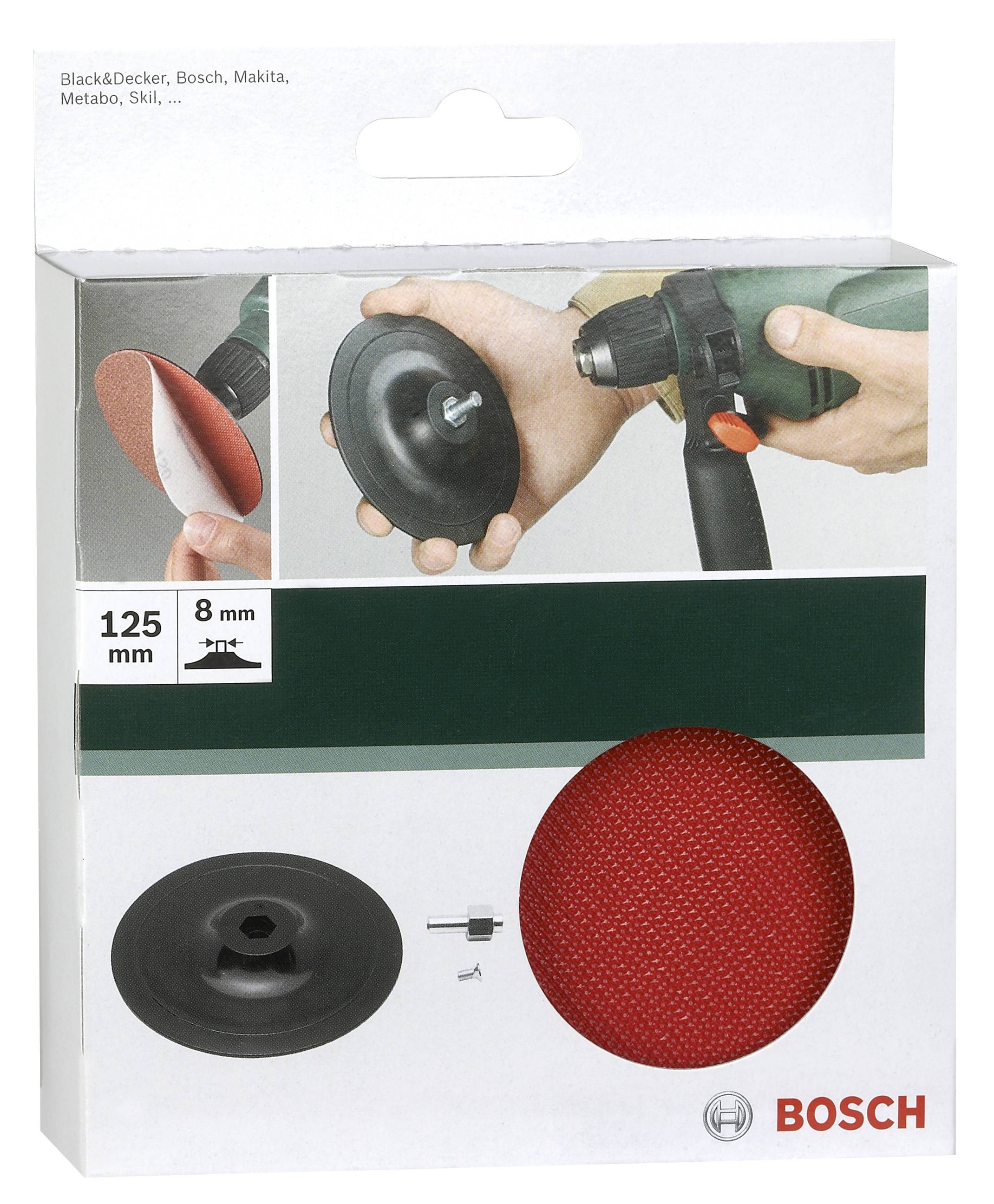 Tarcza szlifierska Bosch 125 mm, mocowanie 8 mm - opakowanie z ilustracją produktu w użyciu i kompatybilnych marek.