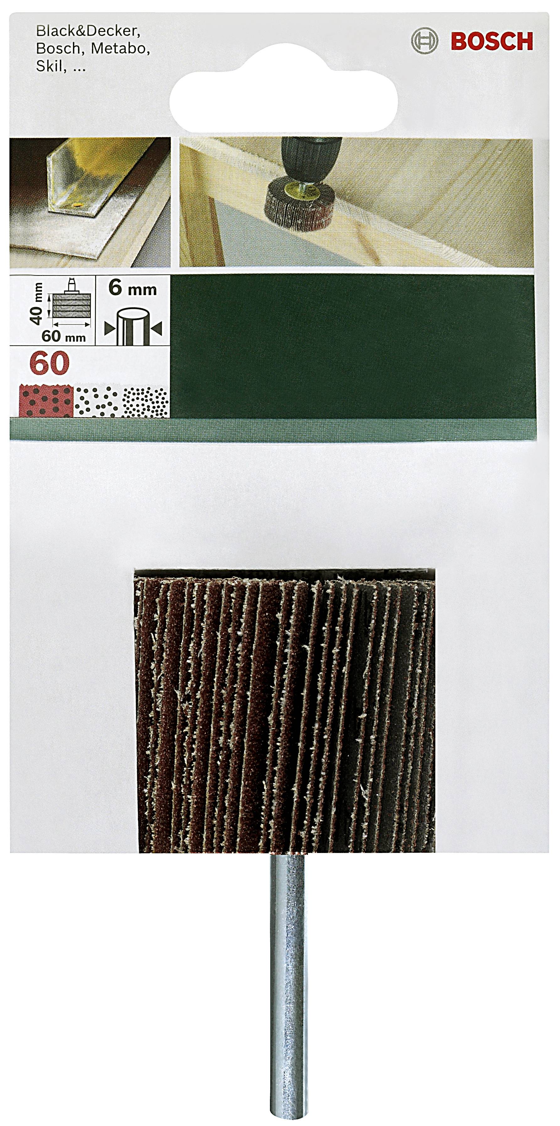 Opakowanie nakładki szlifierskiej Bosch do wiertarek z chwytem 6 mm i gradacją 60, kompatybilnej z różnymi markami.