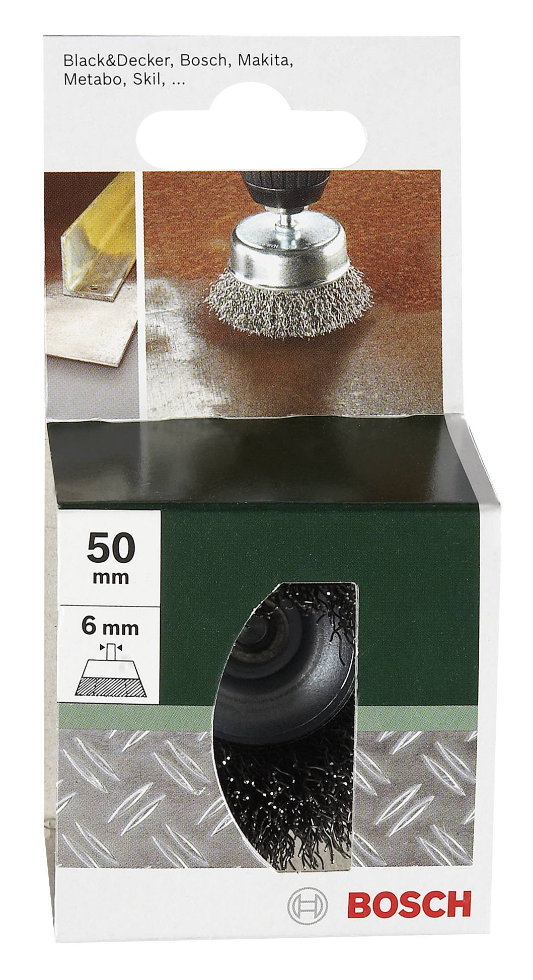 Szczotka metalowa 'Bosch' w opakowaniu, odpowiednia do wiertarek marki Black&Decker, Bosch, Makita, Metabo. Szczotka druciana o średnicy 50 mm.