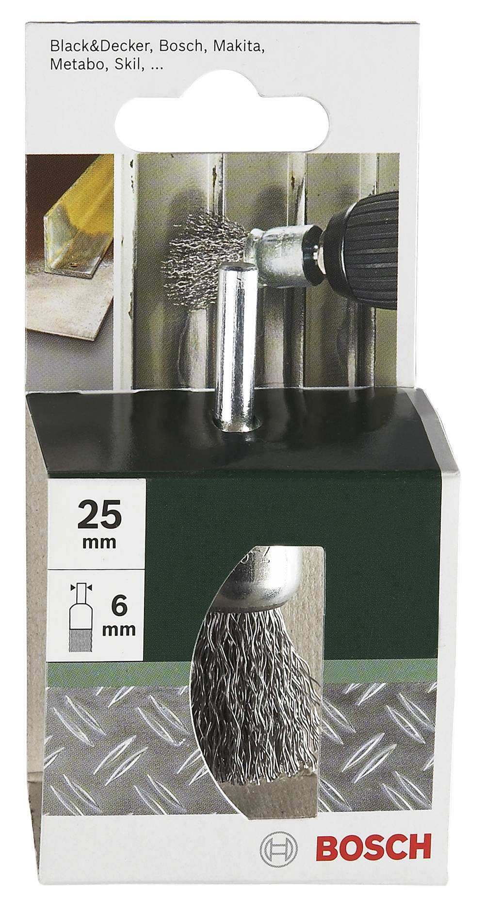 Szczotka metalowa 'Bosch' 25 mm, trzpień 6 mm, odpowiednia do wiertarek Black&Decker, Bosch, Makita, Metabo, Skil. Ilustracja z opakowania.