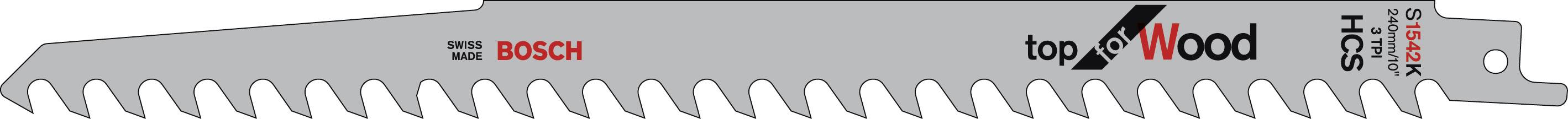 Brzeszczot do drewna marki Bosch, z grubymi zębami, odpowiedni do prostych cięć.