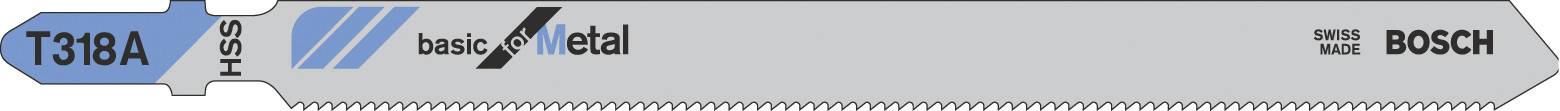 Brzeszczot Bosch z oznaczeniem 'T318A' do metalu, w kolorze szarym z niebieskimi i czarnymi akcentami oraz drobnymi zębami.