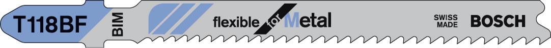 Brzeszczot 'T118BF' firmy Bosch, odpowiedni do elastycznego cięcia metalu, z oznaczeniami 'BIM', 'Swiss Made'.
