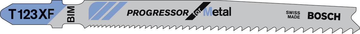 Brzeszczot z napisem 'T123XF Progressor for Metal', przeznaczony do cięcia metalu, wyprodukowany przez Bosch.