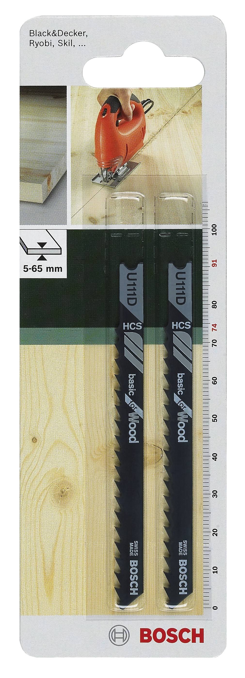 'Brzeszczoty Bosch do wyrzynarek do drewna, 5-65 mm, odpowiednie do Black&Decker, Ryobi, Skil. Zawiera dwa ostrza na podłożu drewnianym.'