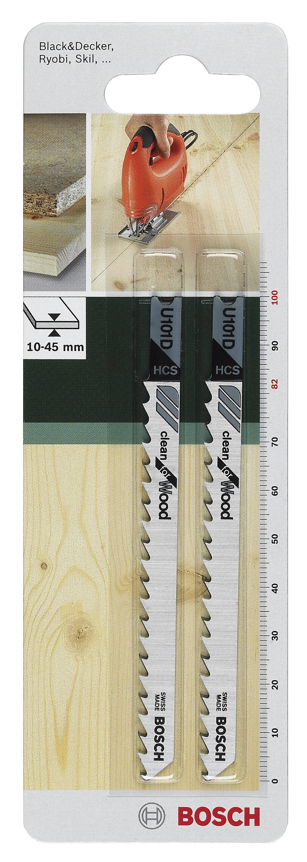 Opakowanie prezentuje dwie piły tarczowe Bosch do wyrzynarek, przeznaczone do cięcia materiałów o grubości od 10 do 45 mm. Na górze przedstawiono piłę w trakcie pracy.