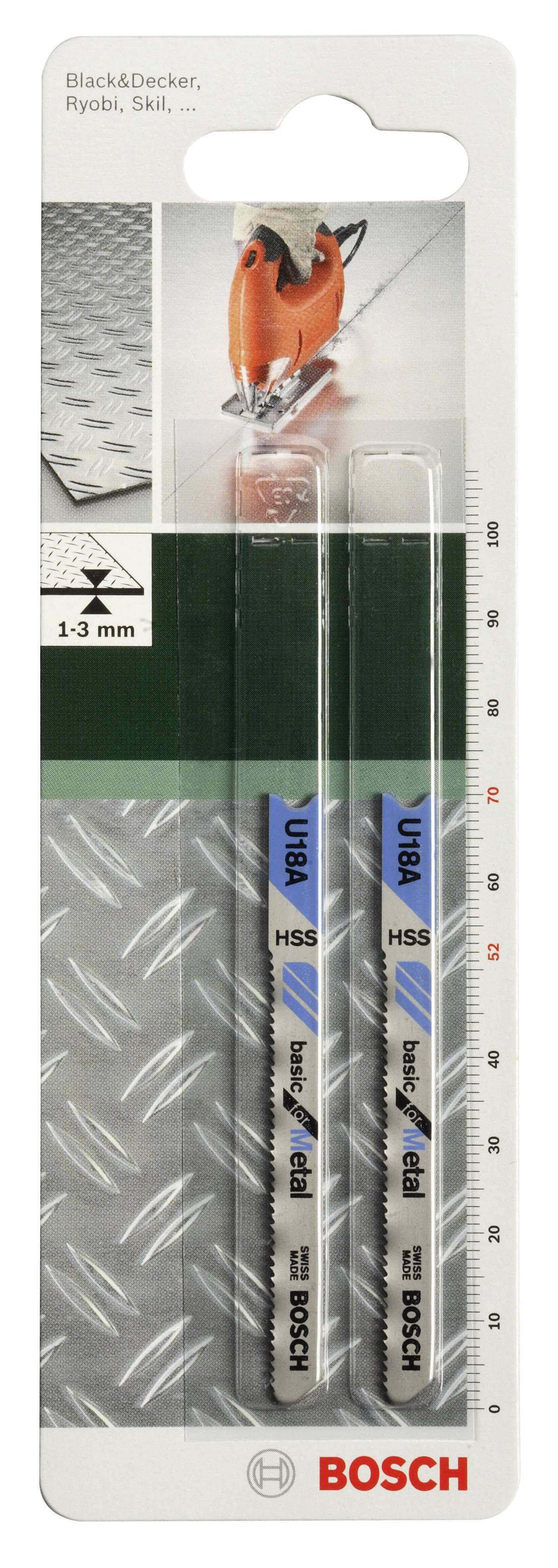 'Brzeszczoty Bosch do wyrzynarki, odpowiednie do metalu, grubość cięcia 1-3 mm. Dwa ostrza w przezroczystym etui.'