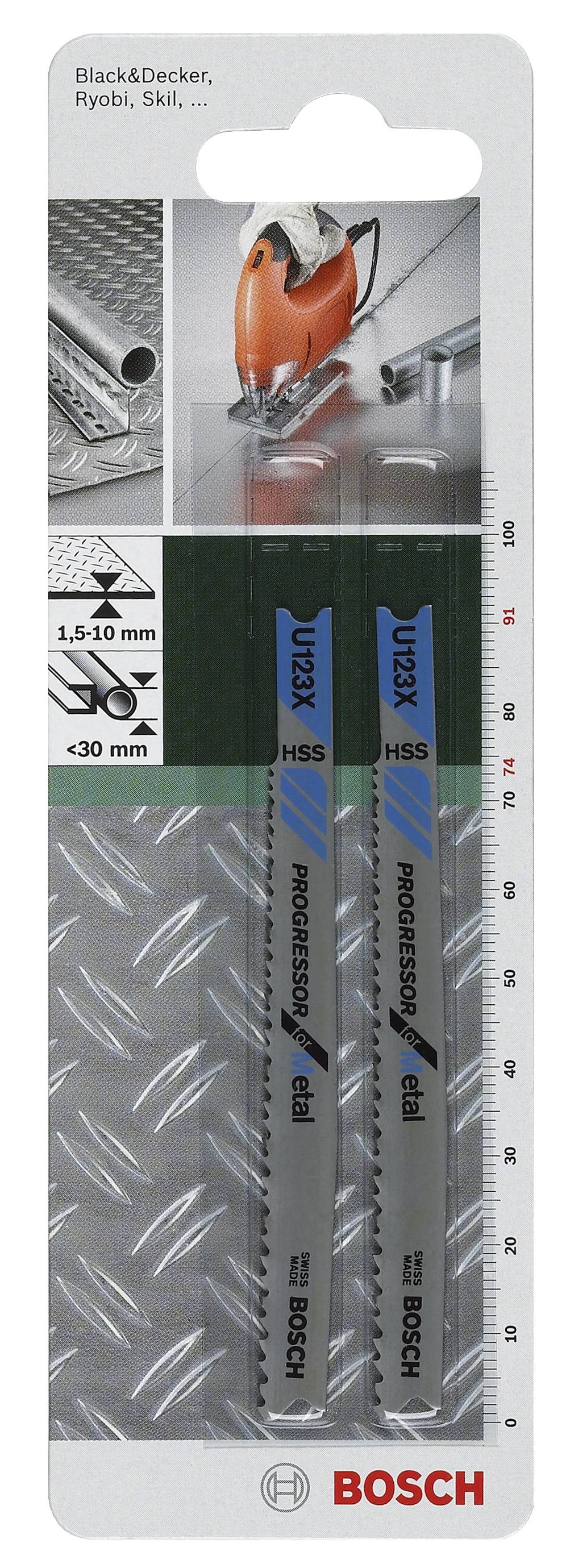 Opakowanie zawiera dwa brzeszczoty do wyrzynarki Bosch do cięcia metalu. Odpowiednie do cięcia o grubości od 1,5 do 10 mm. Kompatybilne z wybranymi markami.