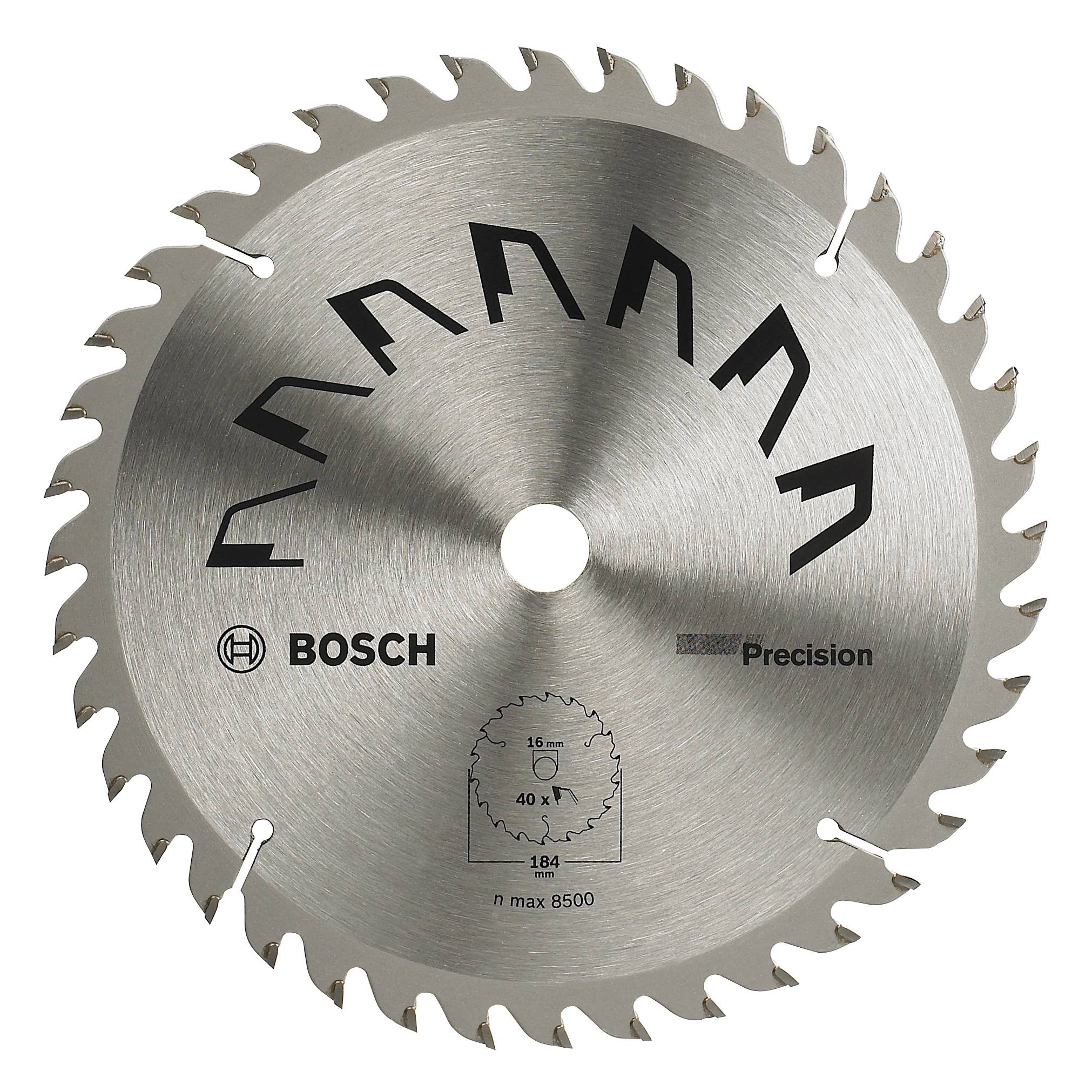 Tarcza piły tarczowej z 24 zębami, marka 'Bosch', model 'Precision', średnica 184 mm, maksymalna prędkość obrotowa 8500 obr./min.