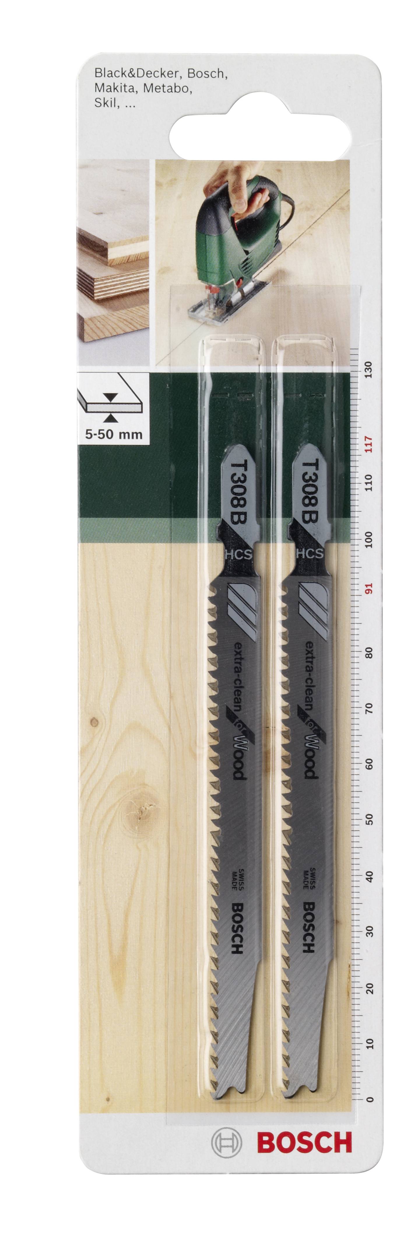 Brzeszczoty Bosch do drewna 5-50 mm, 2 sztuki w opakowaniu blisterowym. Odpowiednie do precyzyjnych i delikatnych cięć, przedstawione z piłą wyrzynarką.
