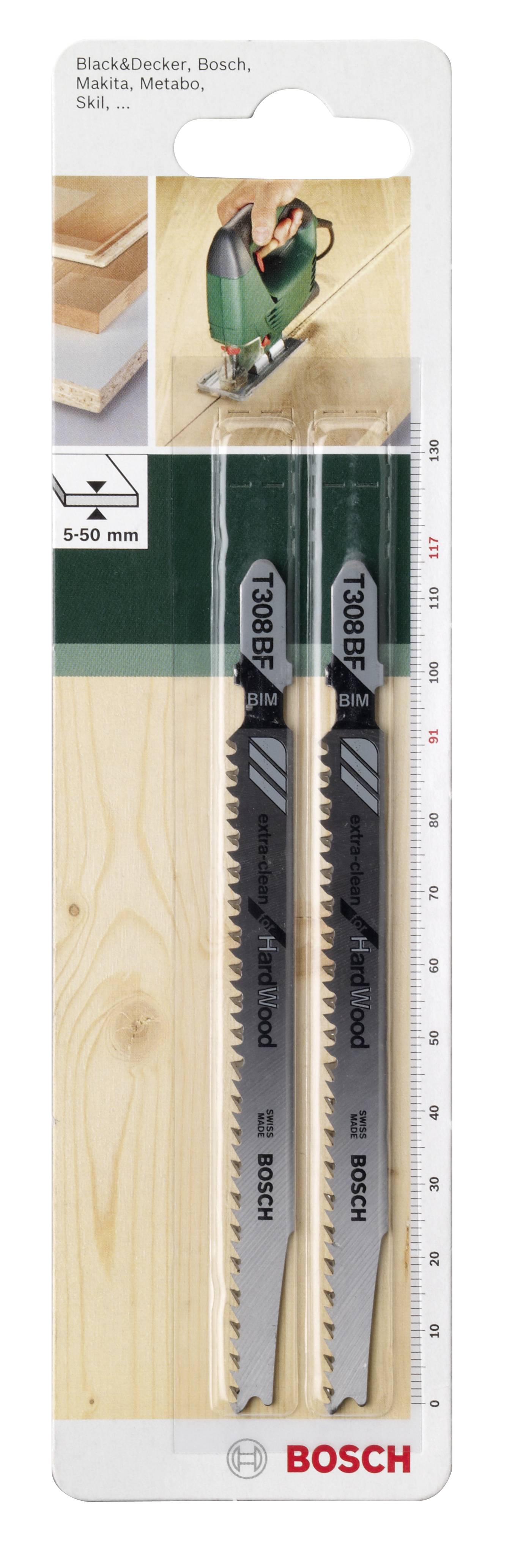 Brzeszczoty Bosch do wyrzynarki, odpowiednie do prac drewnianych, pakowane po dwie sztuki. Opakowanie wskazuje na kompatybilne marki narzędzi.