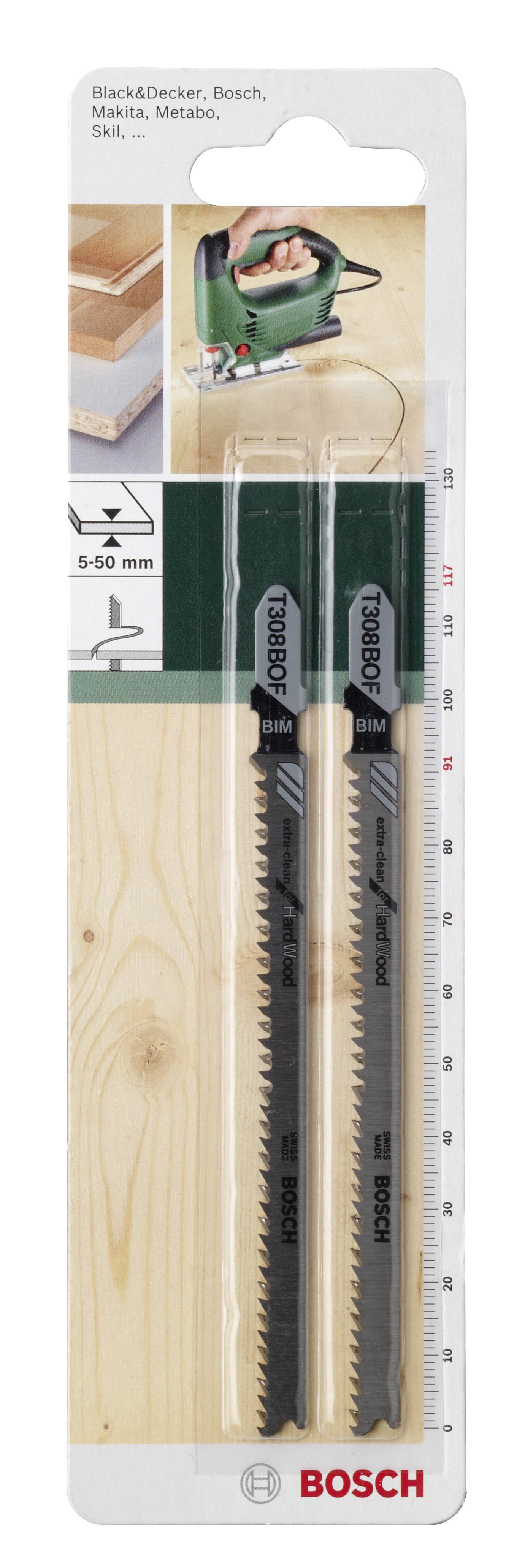 'Opakowanie z dwoma brzeszczotami do wyrzynarki Bosch do cięć precyzyjnych i zgrubnych w drewnie. Odpowiednie dla grubości od 5 do 50 mm.'