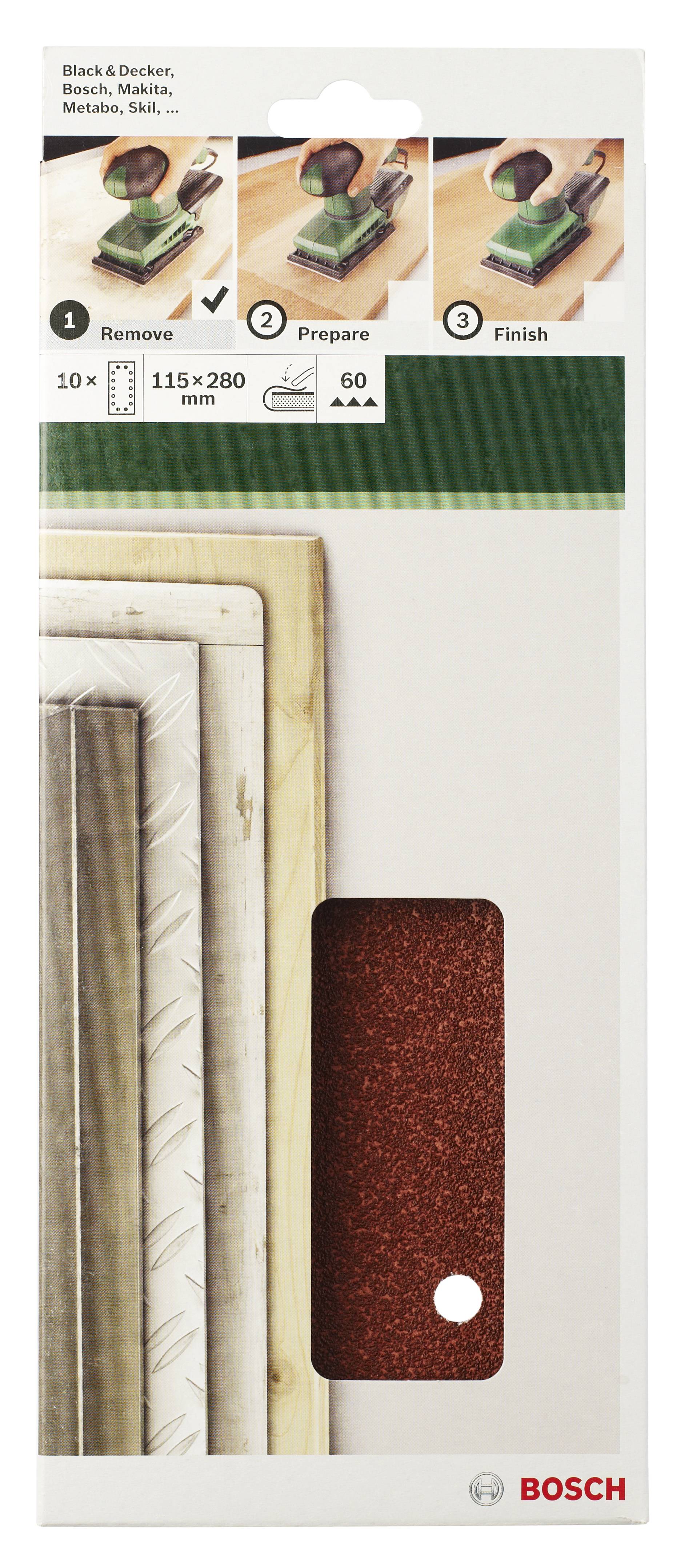 'Papier ścierny do szlifierki mimośrodowej Bosch, 115x280 mm, ziarnistość 60, 10 sztuk. Kroki: Usuwanie, Przygotowanie, Wykańczanie.'