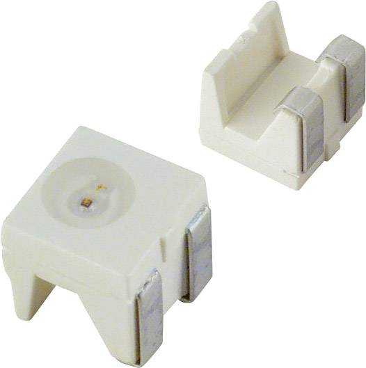 Dwa białe elementy elektroniczne z metalowymi stykami, najprawdopodobniej diody LED w obudowie SMD, ułożone obok siebie na jasnym podłożu.