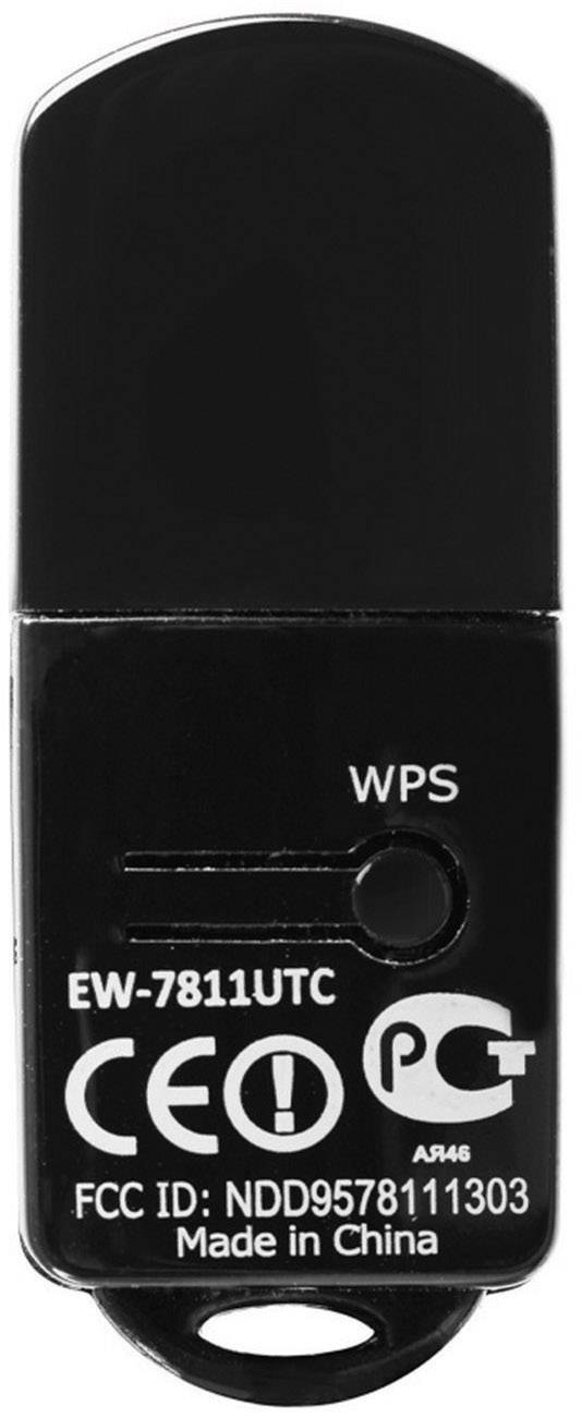 Czarny adapter USB Wi-Fi z przyciskiem WPS i numerem modelu EW-7811UTC. Etykieta producenta z napisem 'Made in China' widoczna.