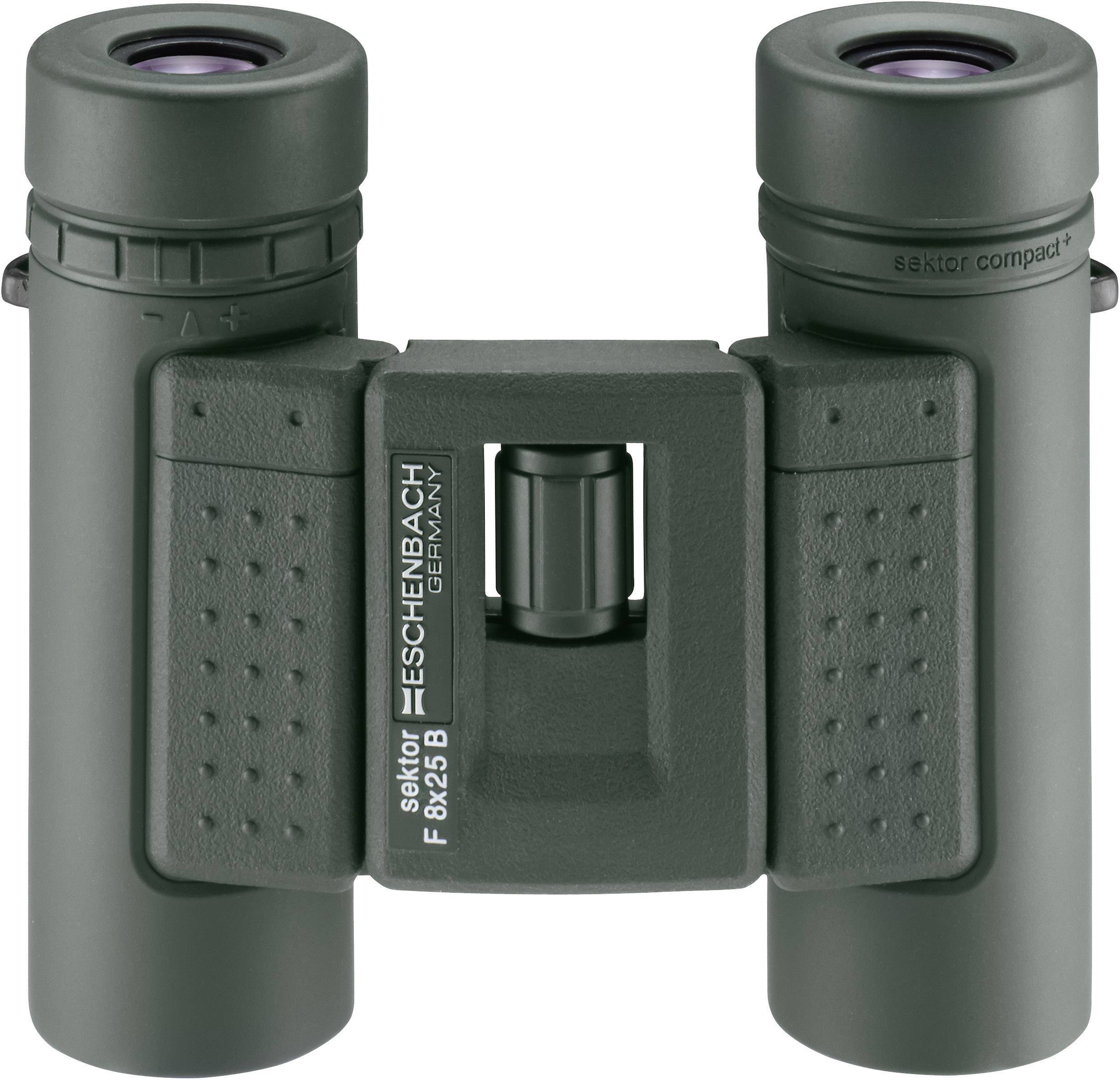 Ciemny, kompaktowy lornetka z napisem 'ESCHENBACH GERMANY'. Odpowiednia do obserwacji ptaków lub wycieczek.