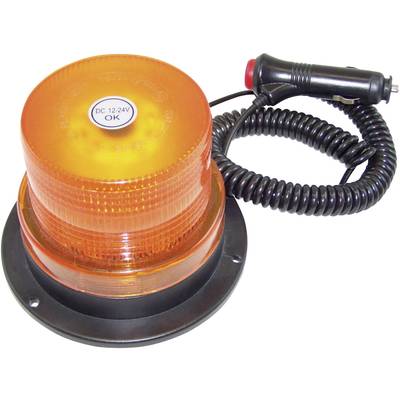 Pomarańczowa lampa ostrzegawcza z przewodem spiralnym i adapterem samochodowym. Tekst na lampie: 'DC 12-24V OK'.