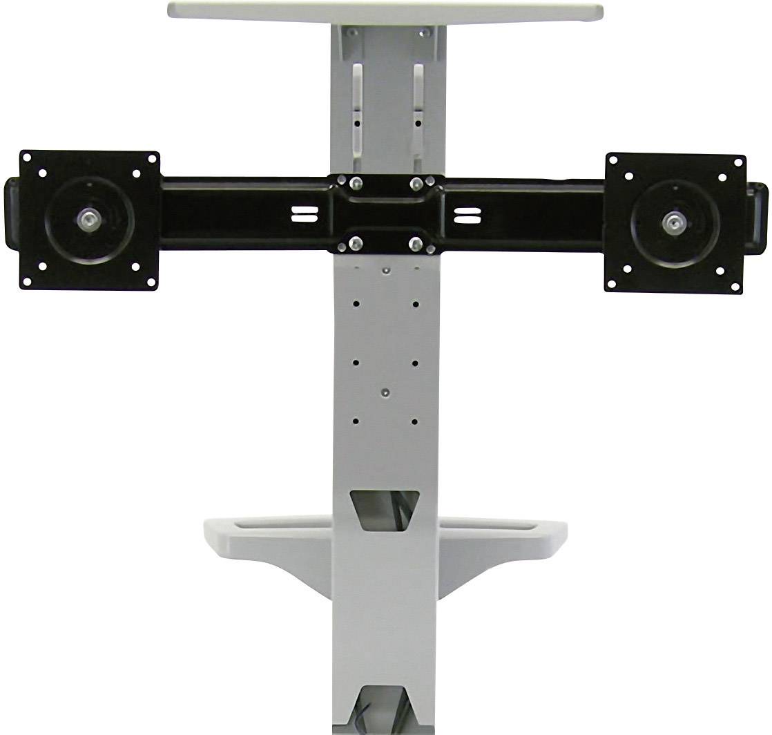 Podwójny uchwyt na monitor wykonany z metalu do zamocowania na biurku. Odpowiedni do ergonomicznych rozwiązań stanowiskowych.