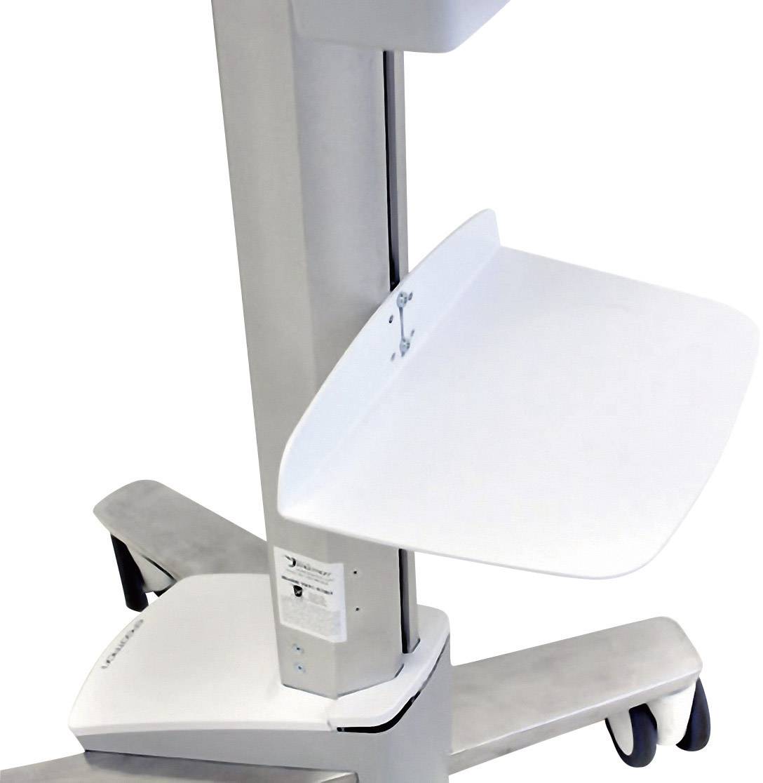 Wózek jezdny z kółkami i białą powierzchnią do odkładania. Zaprojektowany do łatwego transportu i elastycznego użytkowania urządzeń.