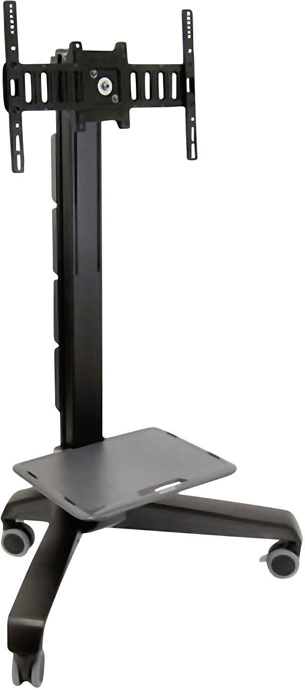 Mobilny stojak na telewizor wykonany z czarnego metalu, przeznaczony do płaskich ekranów, wyposażony w uchwyt, regulowaną w wysokości kolumnę oraz półkę do przechowywania.