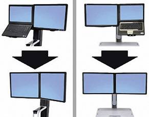 Dwie stacje komputerowe z monitorami i laptopami ułożonymi jeden na drugim. Po lewej stronie znajdują się dwa monitory, po prawej - laptop i dwa monitory.