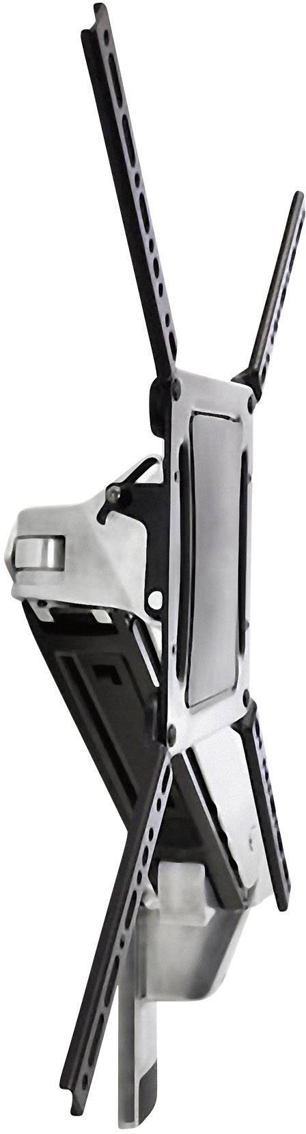 Czarna ścienna podstawa pod telewizor z regulowanym ramieniem, widoczna z boku, przeznaczona dla dużych telewizorów płaskich, prezentuje elastyczność i stabilność.