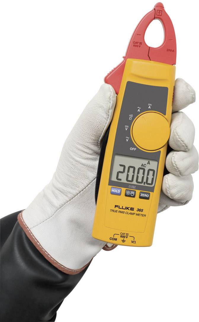 Dłoń w rękawicy ochronnej trzyma żółty miernik elektryczny z wyświetlaczem wskazującym '200.0'.