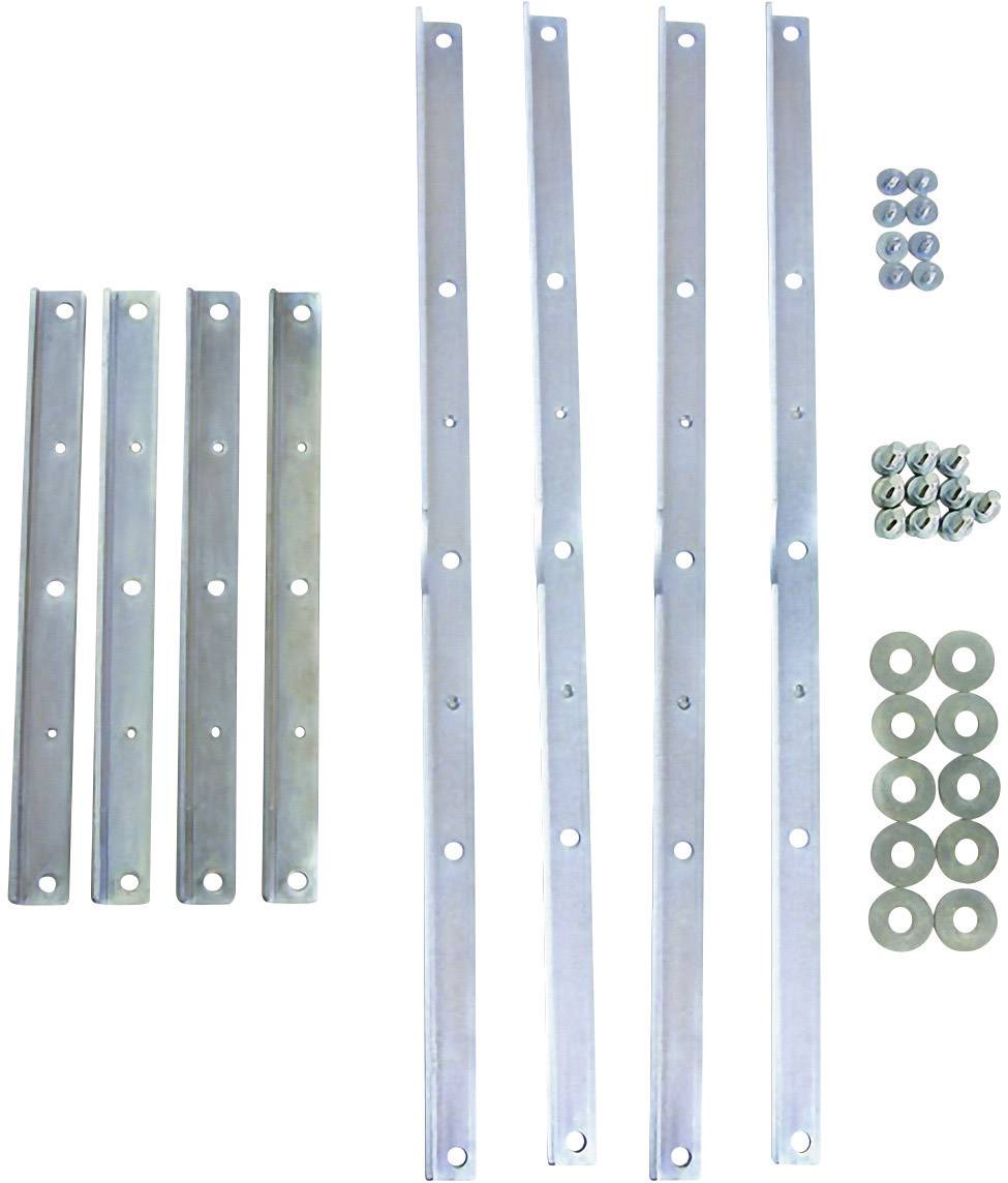 Metalowe paski o różnych długościach z otworami, towarzyszące im śruby i podkładki, na białym tle.