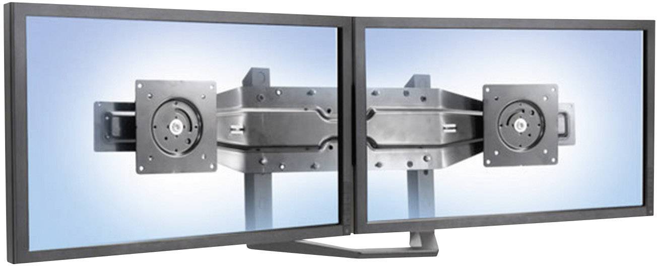 Dwa monitory komputerowe ustawione obok siebie, z niebieskimi ekranami, zamocowane na czarnym uchwycie na jasnym tle.