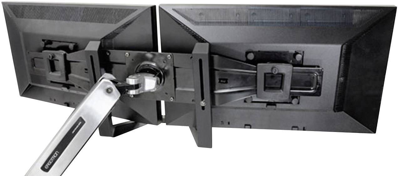 Dwa monitory są zamontowane obok siebie na regulowanym stojaku. Stojak zapewnia elastyczność w ustawieniu.
