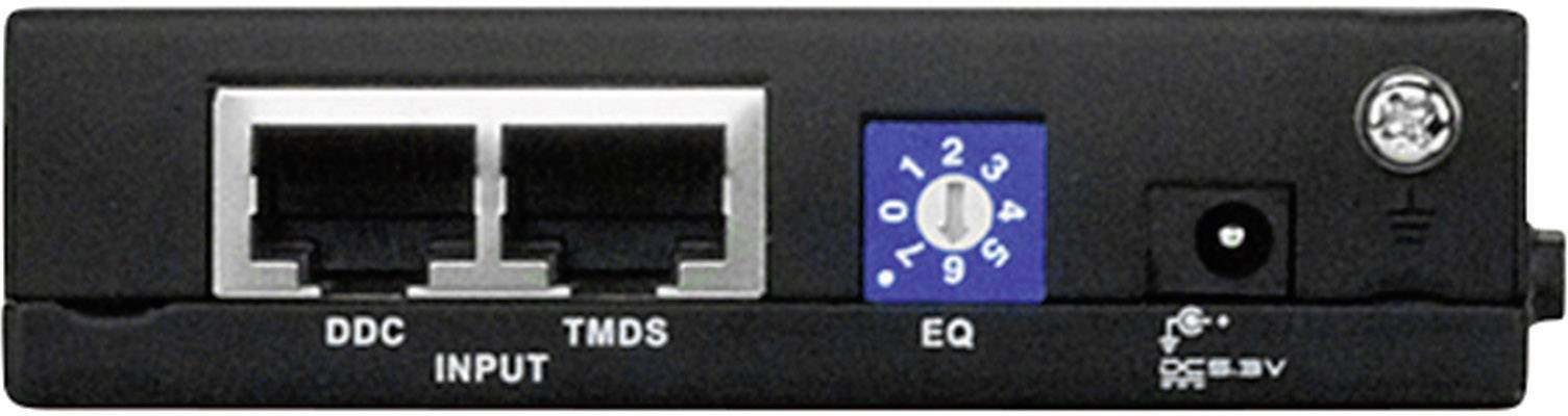 Widok z tyłu urządzenia elektronicznego z dwoma gniazdami Ethernet, regulatorem equalizera i wejściem prądu stałego (DC).