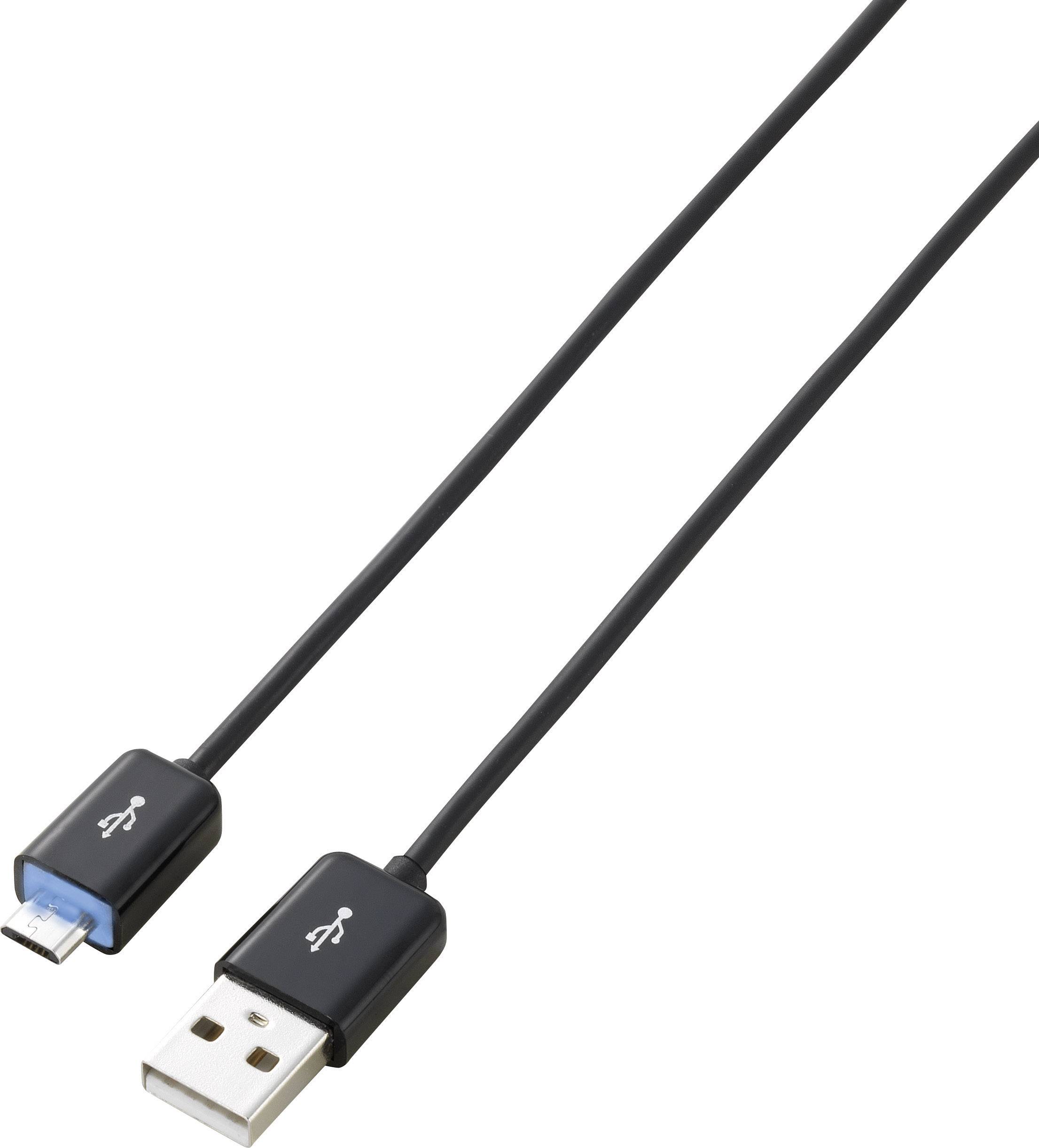 Czarny kabel USB z gniazdem standardowym USB oraz gniazdem micro-USB, oba oznaczone symbolami USB.