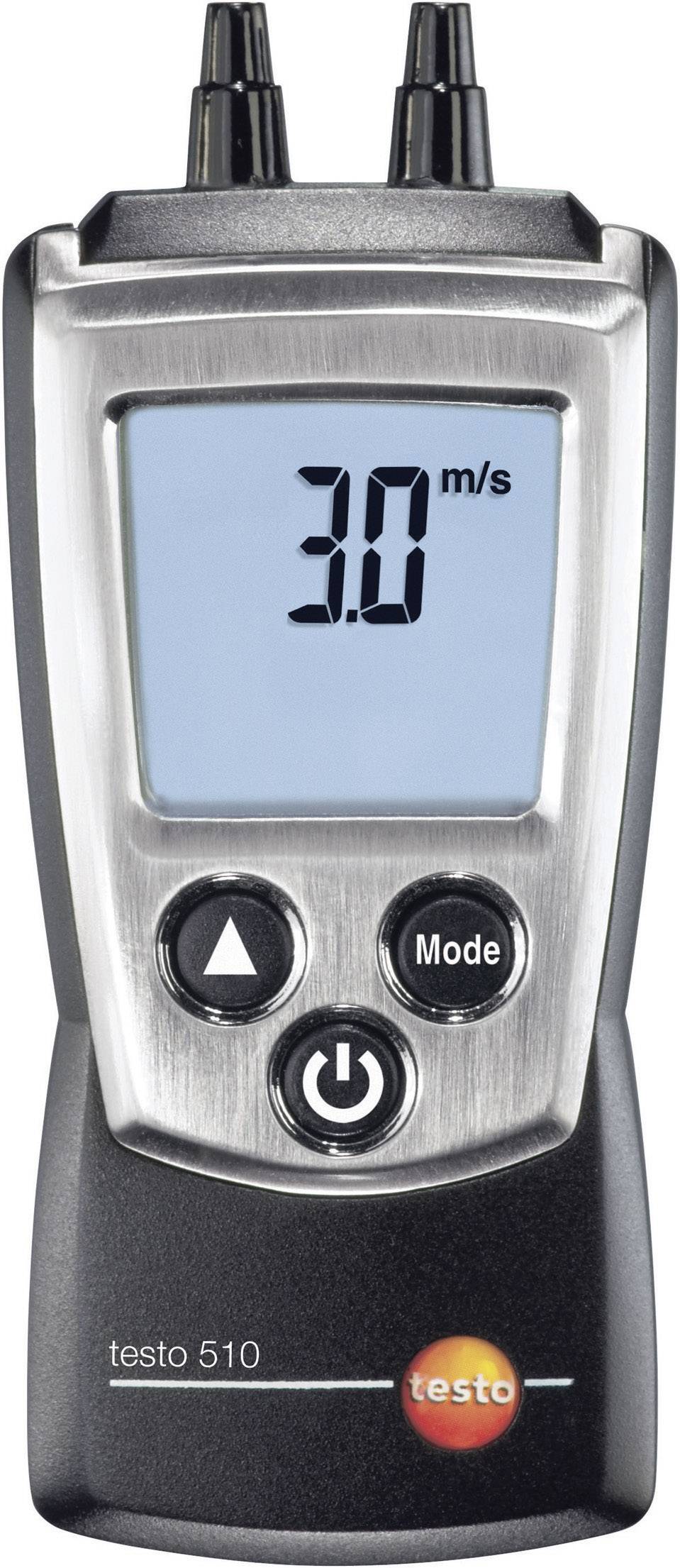 Urządzenie pomiarowe 'testo 510' do pomiaru prędkości powietrza, wyświetla wartość '3,0 m/s' na wyświetlaczu. Przyciski do ustawień poniżej.
