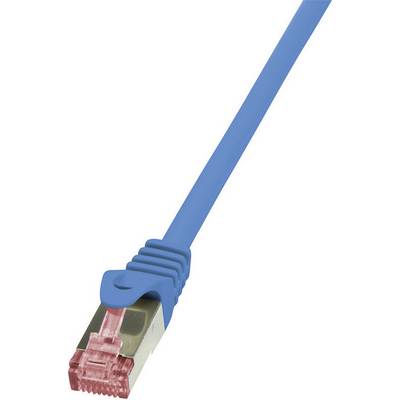 Niebieski kabel Ethernet z czerwonym wtykiem. Używany do połączeń sieciowych.