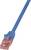Niebieski kabel Ethernet z przezroczystą wtyczką, często stosowany do połączeń sieciowych w sieciach komputerowych.