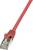 Czerwony kabel sieciowy z wtykiem RJ-45, odpowiedni do połączeń komputerowych.