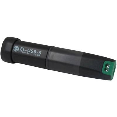 Rejestrator danych EL-USB-5 do rejestracji zdarzeń, kompaktowa budowa, czarny kolor, oznaczone złącza na końcu.