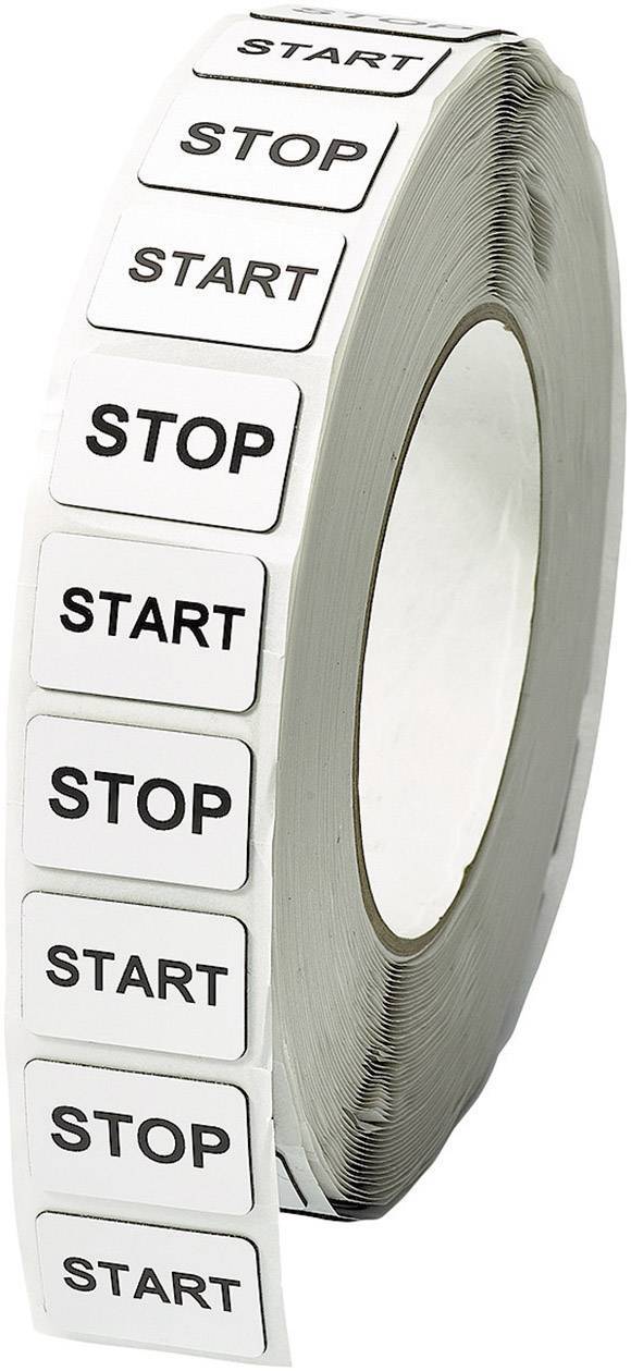 Rolka etykiet z naprzemiennie oznaczonymi etykietami 'START' i 'STOP'.