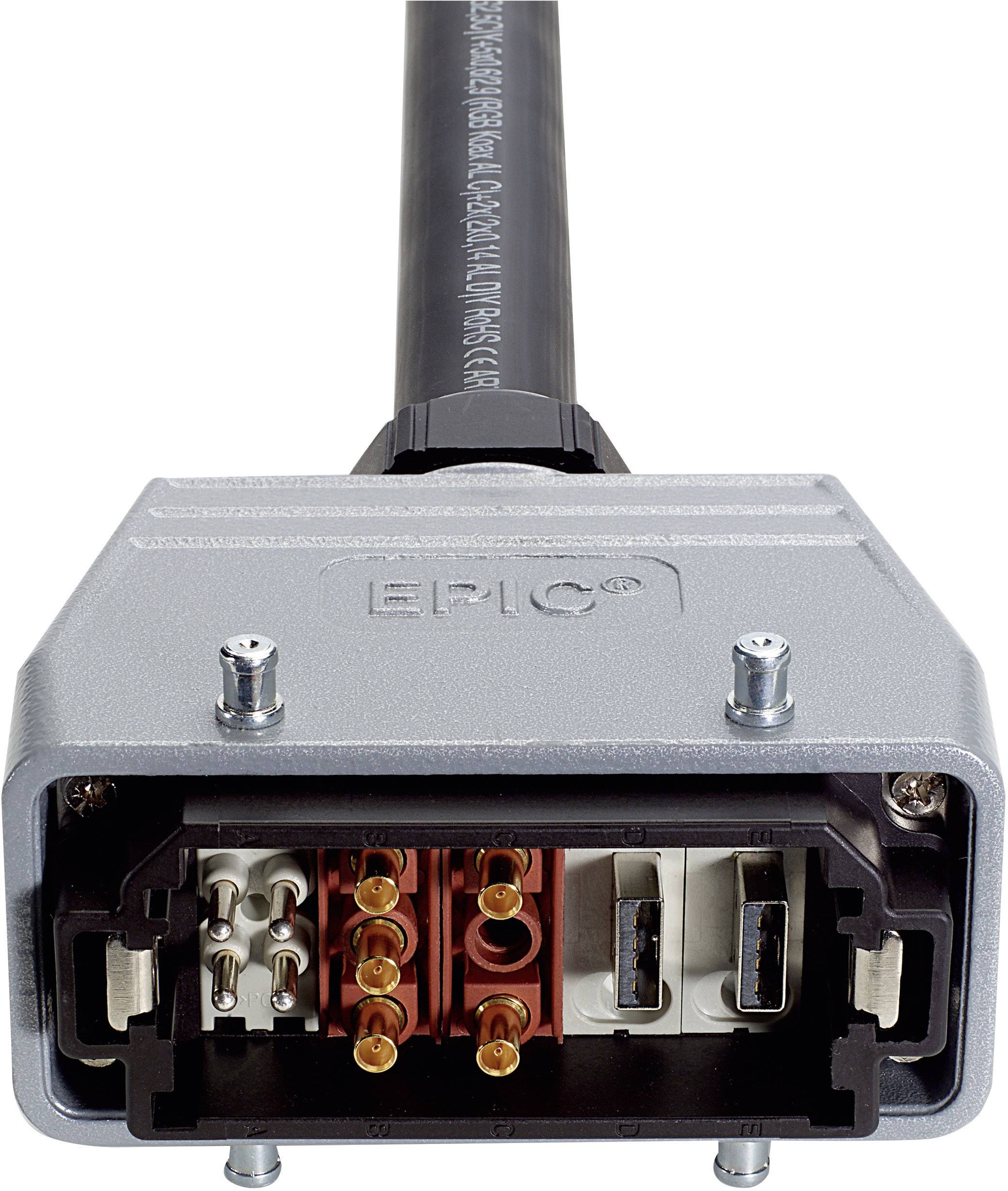 Przemysłowe złącza elektryczne z wieloma stykami okrągłymi i prostokątnymi, obudowa metalowa, zmontowane do połączeń elektrycznych.